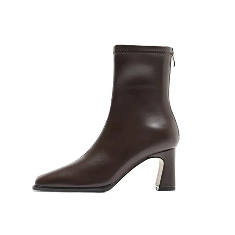 Bottines courtes pour femmes en cuir à bout carré talon 8 cm