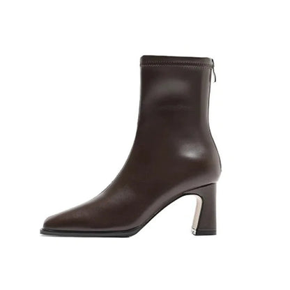 Bottines courtes pour femmes en cuir à bout carré talon 8 cm