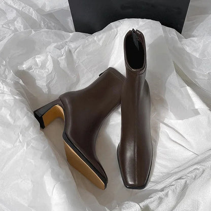Bottines courtes pour femmes en cuir à bout carré talon 8 cm